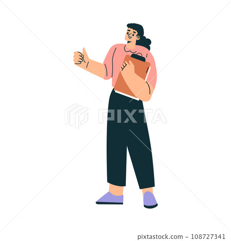 Business Concept with Woman Character Standing with Clipboard Show Thumb Up Vector Illustration 108727341