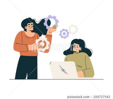 Business Concept with Woman Character at Laptop with Cogwheel Vector Illustration 108727342