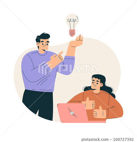 Business Concept with Man and Woman Character Find Solution and Idea with Lightbulb Vector Illustration 108727392