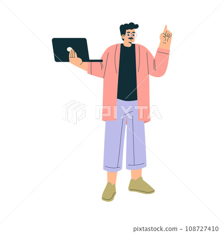 Business Concept with Mustached Man Character Standing with Laptop Vector Illustration 108727410