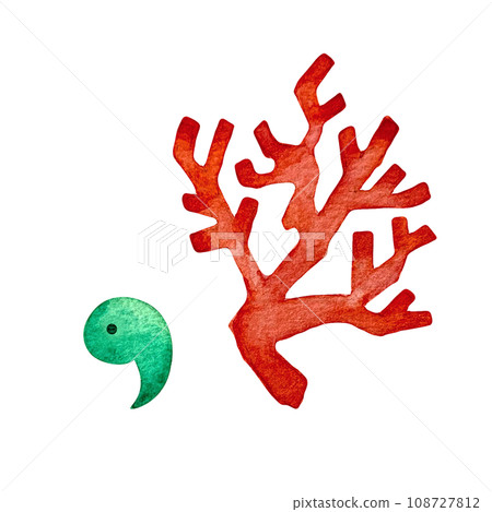 Illustration of red coral and jade magatama with watercolor touch 108727812