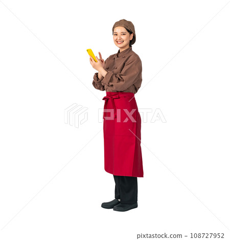 A woman wearing cooking clothes using a smartphone, cook, restaurant clerk, cutout background transparent PNG A woman wearing cooking clothes using a smartphone, cook, restaurant clerk, cutout background transparent PNG 108727952