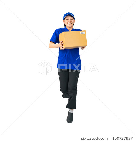 A woman in work clothes jumping with luggage, delivery staff, delivery person, worker, cutout background transparent PNG 108727957