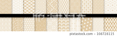 Geometric set of seamless gold and white patterns. Simple vector graphics 108728115