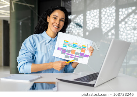 Cheerful hispanic woman sitting with laptop at table in modern office, talking on video call, showing graphs on webcam, conducting seminar, showing presentation, looking at camera. Cheerful hispanic woman sitting with laptop at table in modern office, talking on video call, showing graphs on webcam, conducting seminar, showing presentation, looking at camera. 108728246