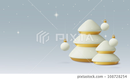 Christmas night background with copy space 3d winter pine trees, sparkling stars and hanging balls Christmas night background with copy space 3d winter pine trees, sparkling stars and hanging balls 108728254