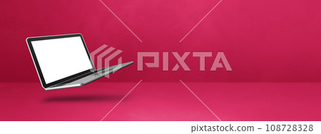 Floating computer laptop isolated on pink. Horizontal banner background Floating computer laptop isolated on pink. Horizontal banner background 108728328