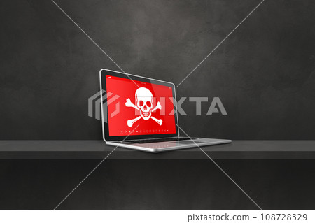 Laptop on a shelf with a pirate symbol on screen. Hacking concept Laptop on a shelf with a pirate symbol on screen. Hacking concept 108728329