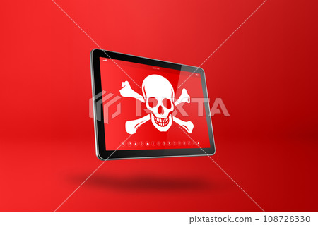 Digital tablet PC with a pirate symbol on screen. Hacking and virus concept Digital tablet PC with a pirate symbol on screen. Hacking and virus concept 108728330