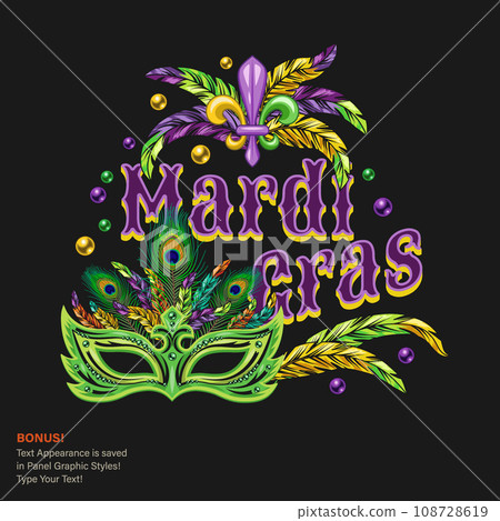 Carnival Mardi Gras label with fleur de lis symbol, feathers, carnival mask, beads, text. For prints, clothing, t shirt, surface design. Vintage illustration with editable font style. Not AI 108728619