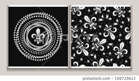 Set of circular ornament, seamless pattern for Mardi gras carnival decoration. Fleur de lis, string of beads, confetti on dark background. For prints, clothing, t shirt, holiday goods, stuff 108728622