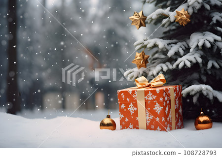 Festive Giftbox and Adorned Pine Tree.GenerativeAI. Festive Giftbox and Adorned Pine Tree.GenerativeAI. 108728793