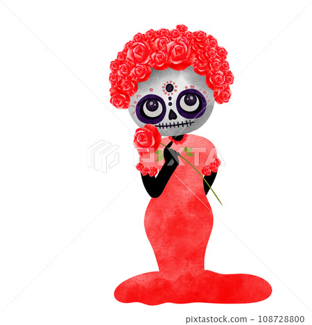 Watercolor skeleton decorated with red roses on the head Watercolor skeleton decorated with red roses on the head 108728800