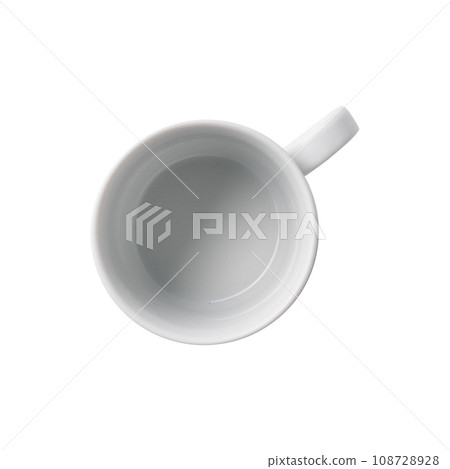 Top view of empty porcelain cup with saucer isolated on white background. Real photography of white mug, cup and saucer without coffee. 108728928