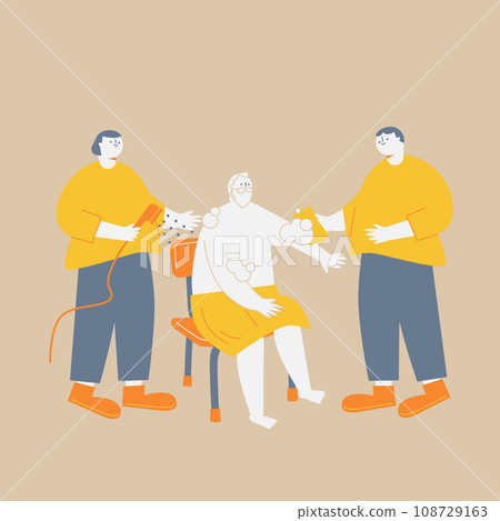 An elderly man is washed by two care staff. An elderly man is washed by two care staff. 108729163