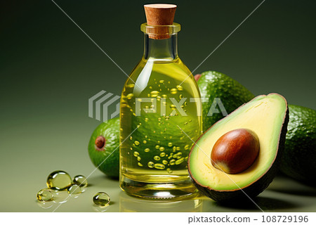 Cosmetic organic avocado oil in a glass jar and fresh in avocado on a green background 108729196