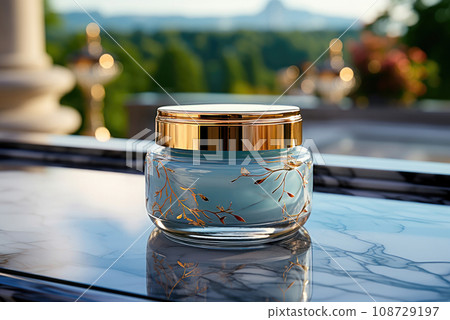 Skin care products face cream on a marble surface against the background of mountains 108729197