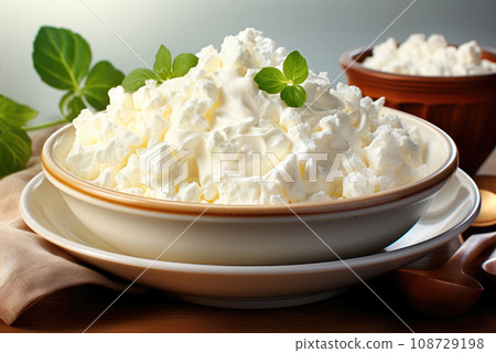 Fresh cottage cheese in a bowl on the table 108729198