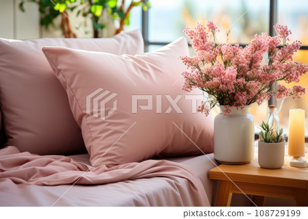 Cozy bedroom of a young woman. A wooden table with a bouquet of pink flowers. Pink bed linen and pillows on the bed 108729199