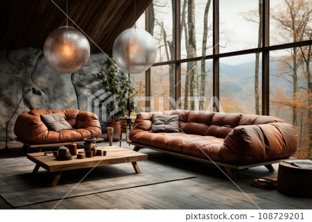 Cozy modern interior of the living room with sofas, coffee table near the large window in the chalet. Cozy modern interior of the living room with sofas, coffee table near the large window in the chalet. 108729201