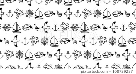Anchor seamless pattern boat sailor palm tree squid bird vector helm seagull pirate maritime Nautical sea ocean gift wrapping paper tile background repeat wallpaper illustration design scarf isolated 108729257