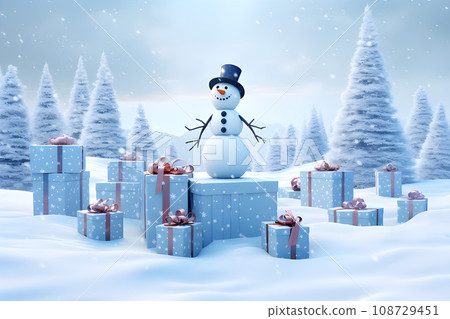 Snowman Surrounded by a Sea of Gift Boxes.GenerativeAI. Snowman Surrounded by a Sea of Gift Boxes.GenerativeAI. 108729451