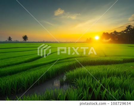 green paddy field with sunrise green paddy field with sunrise 108729634