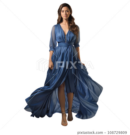 Girl in a beautiful blue long evening dress isolated Girl in a beautiful blue long evening dress isolated 108729809