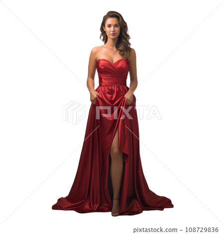 Girl in a beautiful red long evening dress isolated Girl in a beautiful red long evening dress isolated 108729836