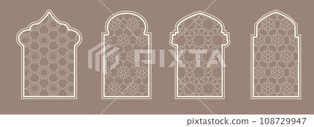 Islamic window shape with mashrabiya pattern. Arabic door frame. Islamic arhitecture elements of window and door and mashrabiya pattern. Islamic window shape with mashrabiya pattern. Arabic door frame. Islamic arhitecture elements of window and door and mashrabiya pattern. 108729947