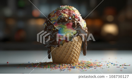 multi - colored ice cream in a waffle cup with chocolate syrup and sprinkles , stands on a wooden table multi - colored ice cream in a waffle cup with chocolate syrup and sprinkles , stands on a wooden table 108730127