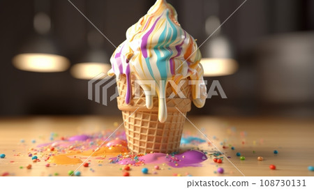 multi-colored ice cream in a waffle cup stands on a wooden table against 108730131