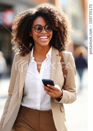 African American businessman in a formal suit and in sunglasses with a smartphone. African American businessman in a formal suit and in sunglasses with a smartphone. 108730170