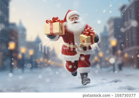 Santa Claus Sprinting with Giftboxes in the city.GenerativeAI. Santa Claus Sprinting with Giftboxes in the city.GenerativeAI. 108730377