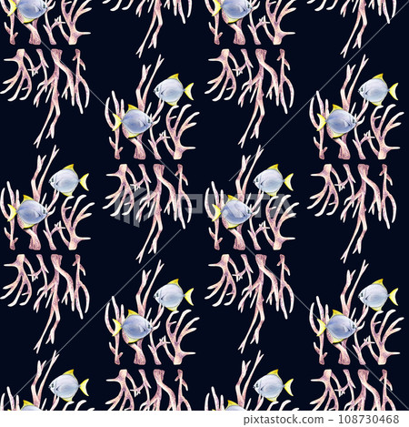 Seamless pattern with composition with corals and exotic fishes moonyfish, diamondfish. Watercolor illustration for fabric, textile 108730468