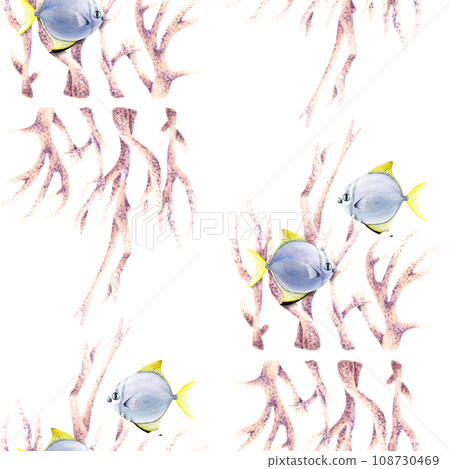 Seamless pattern with composition with corals and exotic fishes moonyfish. Watercolor illustration for fabric, textile 108730469