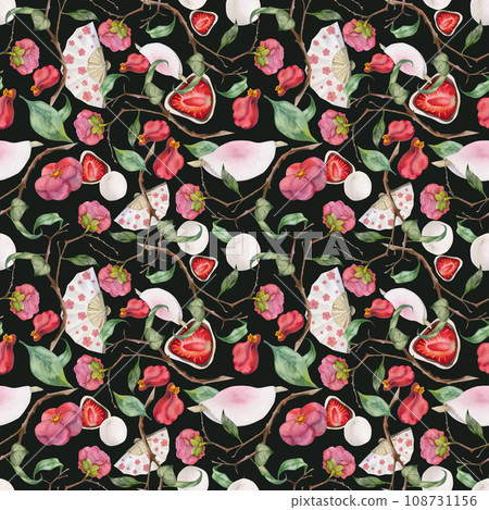 Watercolor seamless pattern with hand drawn traditional Japanese sweets. Wagashi, mochi, camellia flowers. Isolated on dark background. Invitations, restaurant menu, greeting cards, print, textile 108731156