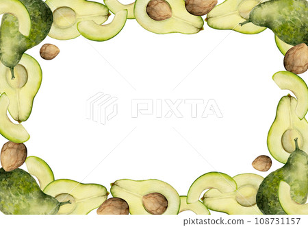 Hand drawn watercolor green avocado vegetable for diet, healthy lifestyle, vegan cooking. Illustration rectangular border frame isolated on white background. Design poster, print, website, card, menu 108731157