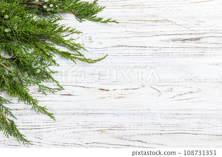 Green thuja branches on rustic wooden background Green thuja branches on rustic wooden background 108731351