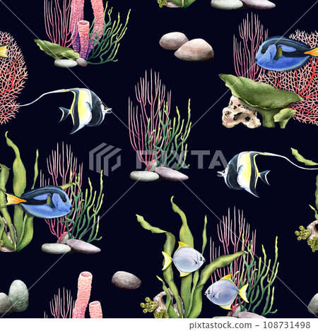 Seamless pattern with coralls and exotic fishes. Hand drawn watercolor illustration for wrapping, wallpaper, fabric, textile 108731498