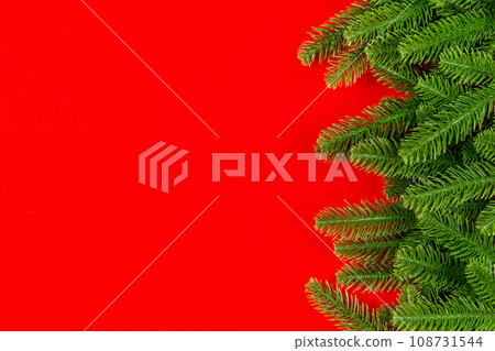 Top view of colorful background made of green fir tree branches. New year holiday concept with copy space 108731544