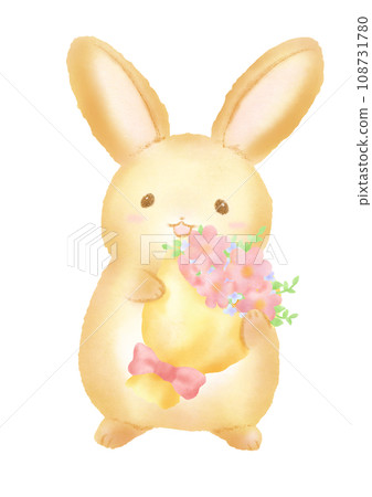一隻兔子拿著一束花的插圖 108731780