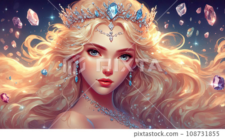 Portrait of a girl with hair blowing in the wind, diamonds in her hair, a crown of diamonds, romance, tenderness 108731855