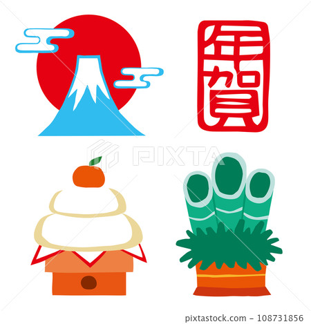 手繪新年圖示集（富士山、門松、鏡餅） 108731856
