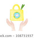 Watercolor eco-friendly shopping bag Illustration. Hand-drawn reusable bag with vegetables. Two hands and a cloth bag in the concept of campaigning for the use of cloth bags. Bring your own bag 108731937