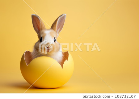 A cute Easter bunny is sitting in the shell of an Easter egg. A cute Easter bunny is sitting in the shell of an Easter egg. 108732107