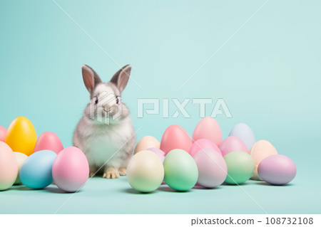 Cute Easter bunny sitting on the background of Easter eggs 108732108