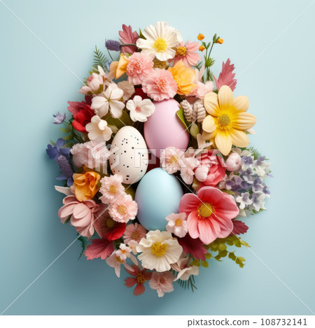 Easter creative composition with Easter eggs and spring flowers Easter creative composition with Easter eggs and spring flowers 108732141