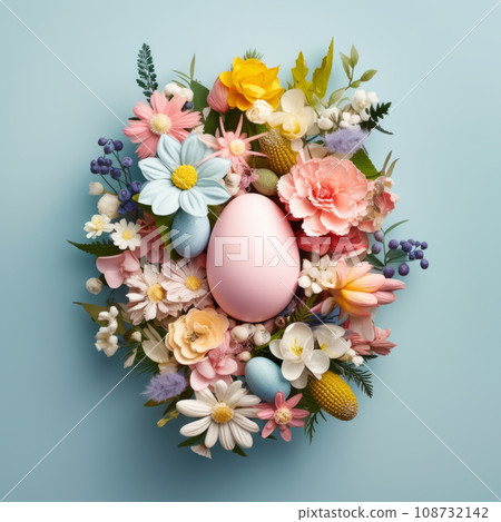 Easter creative composition with Easter eggs and spring flowers 108732142