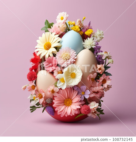 Easter creative composition with Easter eggs and spring flowers Easter creative composition with Easter eggs and spring flowers 108732145